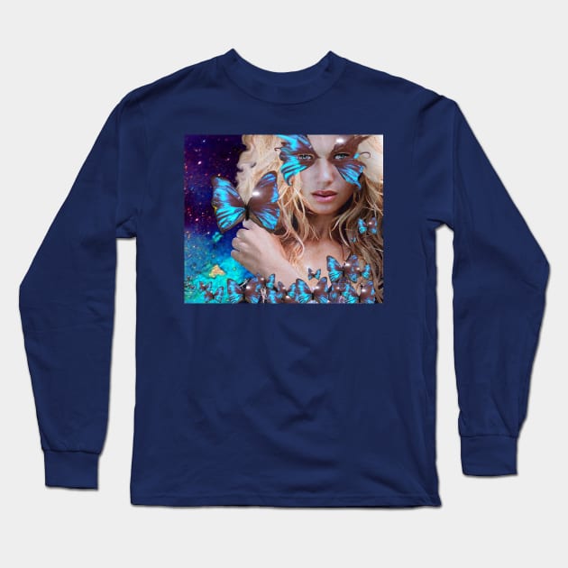 LADY OF THE BLUE BUTTERFLIES Long Sleeve T-Shirt by BulganLumini